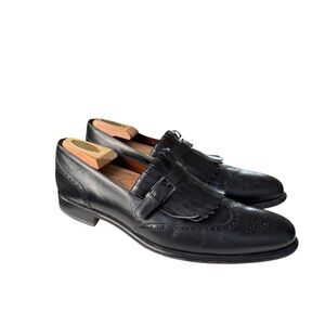 A.Testoni Leather Kiltie Wingtip Loafers Men Sz 9.5 US Black Buckle Italy Eyelet
